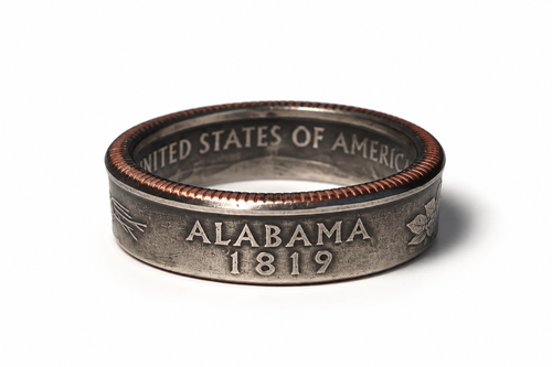 A silver-colored coin ring featuring the words 'ALABAMA 1819' and 'UNITED STATES OF AMERICA' engraved on the front, with a textured copper-toned inner rim, shown on a white background.